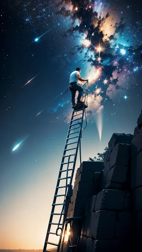 man climbing the ladder towards the stars