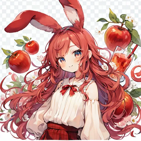 anime girl with long red hair and rabbit ears holding an apple, pastel watercolor anime、fullbody,contrapposto, transparent watercolor、girl、jewel eyes、beautiful arrangements and motifs、written boundary depth、flat avatar, 1girl, smile, light red hair((Rabbit...