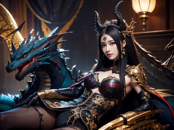 Dragon princess sitting in front of a dragon,( absurdly,high quality , Super detailed),(See photographer ), black dragon queen,Detailed and beautifully colored dragon costume,fantastic world