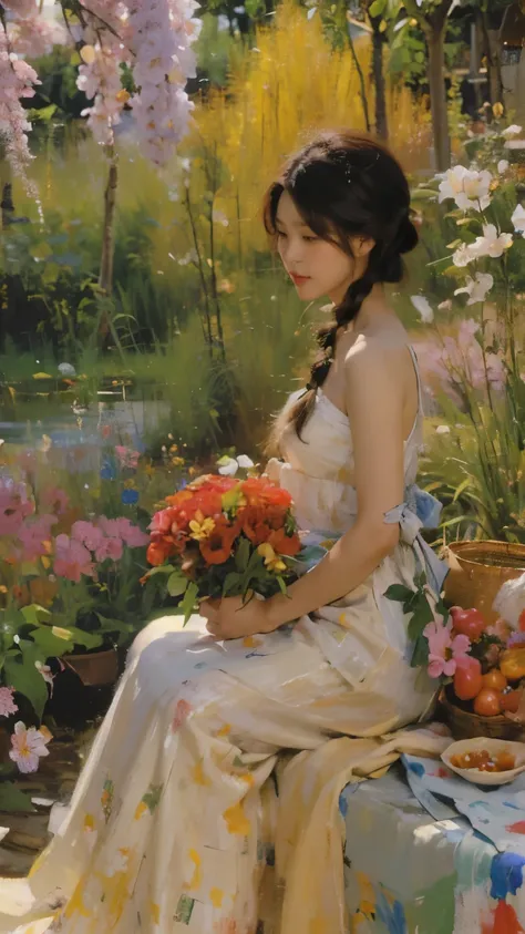 painting of a Korean woman sitting in the gardenถือพัดสีแดง, Turn around and see only me, braid hair, Hang eggs, Car Match, By Ma Shi, Inspired by Michael Garmash, Andrew Atrochenko, By Xie Sun, in the garden, By Yang J, oil painting style, impressionist o...