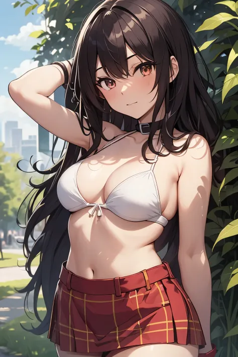 megumin, kono subarashii sekai ni shukufuku wo!, GIRL, (Masterpiece: 1.1), (Best Quality: 1.1), Upper Body Bikini, (White Bikini: 1.1), (Plaid Skirt: 1.1), High Waist Skirt, Blake [Green Grass: Pink, :0.5] Themed, (Urban Background: 1.1), Denim Lenses, Bla...