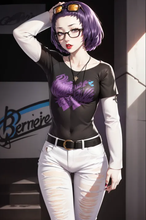 defbernie, purple hair, 1girl, solo, standing, black t-shirt, white shirt, jeans, belt, lipstick, eyewear on head,