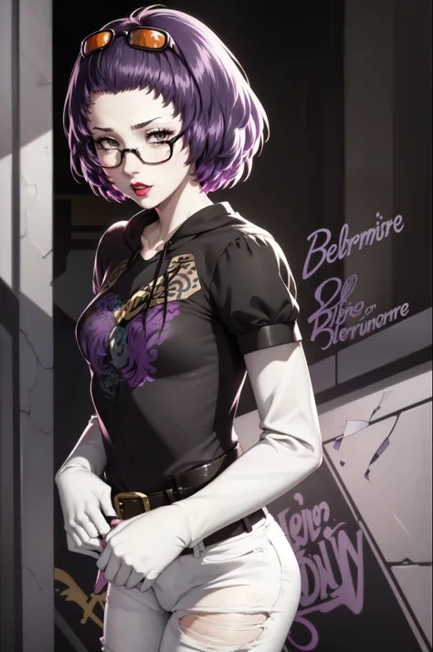 defBernie, purple hair, 1girl, solo, standing, black t-shirt, white shirt, jeans, belt, lipstick, eyewear on head,