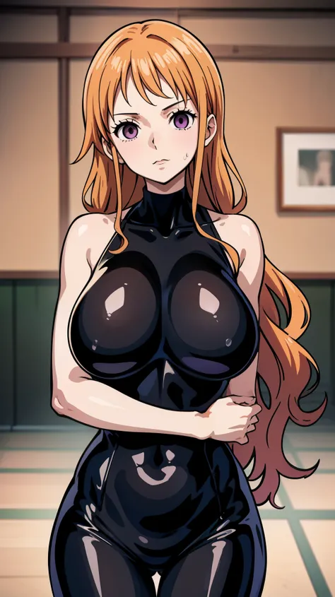 1 girl,NSFW,Nami ,(ONE PIECE),clavicle, absurd, brainwashing,empty eyes,((Eyes glowing purple)),  (huge breasts 1.2), No expression, Emotions removed,(black latex tight bodysuit),look away , 全身shape, ((stand up, salute)),(highest quality、4k、8k、High resolut...