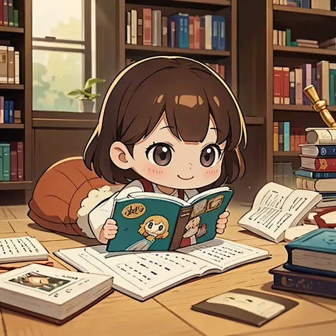 Photoreal、Chibi girl picking up and reading a picture book at a bookstore、smile