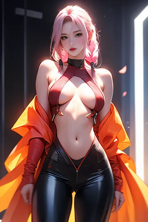 Realistic、1 girl、pink hair, tassel pigtails、thin waist,belly button,The detailed breasts, detailed breasts, ((pointed nipples))、shining eyes、big breasts、Tank top, Leather pants that have been slid down、vagina revealed, creampie, cum covered, leaking、Photog...