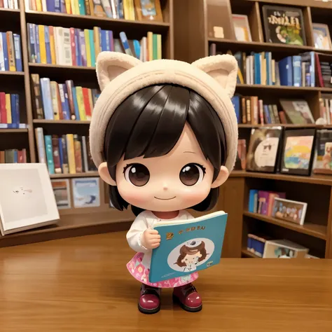 Photoreal、Chibi girl picking up and reading a picture book at a bookstore、smile