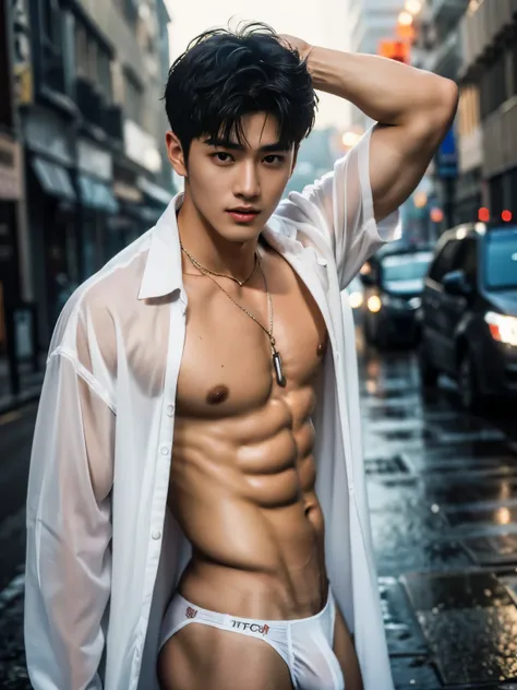 Boy in the crowded street in a rainy day, amazing rainy street scenery, Crowded street, rainy weather scenery,  Full body photo, wearing transparent raincoat, very wet body,  Very thin thong, Proudly showing off his sweaty very hairy armpits, completely na...