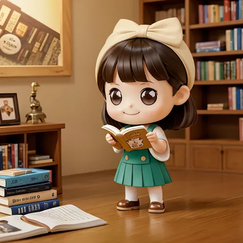 Photoreal、Chibi girl picking up and reading a picture book at a bookstore、smile