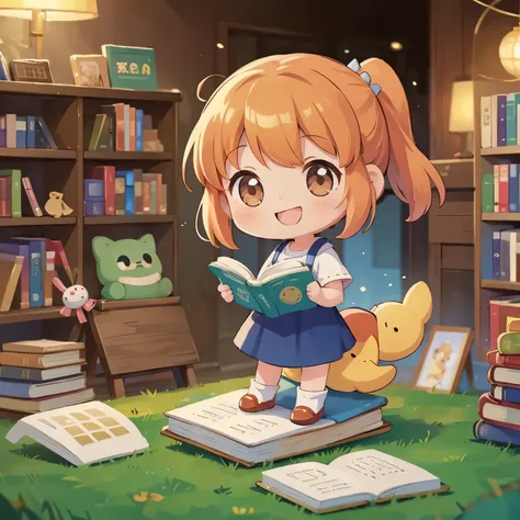 Photoreal、Chibi girl picking up and reading a picture book at a bookstore、smile