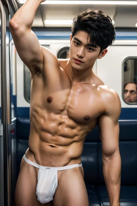 Proudly showing off his very hairy armpits, NSFW, Very crowded train, Topless, shirtless, 17 years old boy, very young boy, Cinematic soft lighting illuminates a stunningly detailed and ultra-realistic handsome korean male supermodel, ultra messy curly hai...