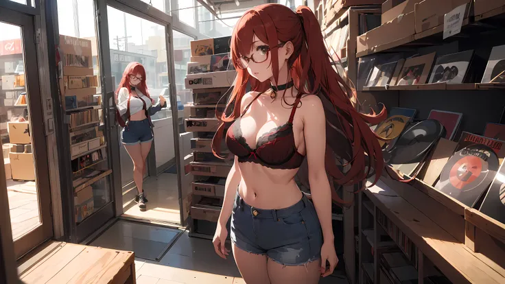 ((1girl)), one 21 year old girl, long red hair, glasses, choker collar, red bra, jean shorts, record store, records, vinyl, standing, cowboy shot, open door, open window, dramatic lighting, cinematic lighting,