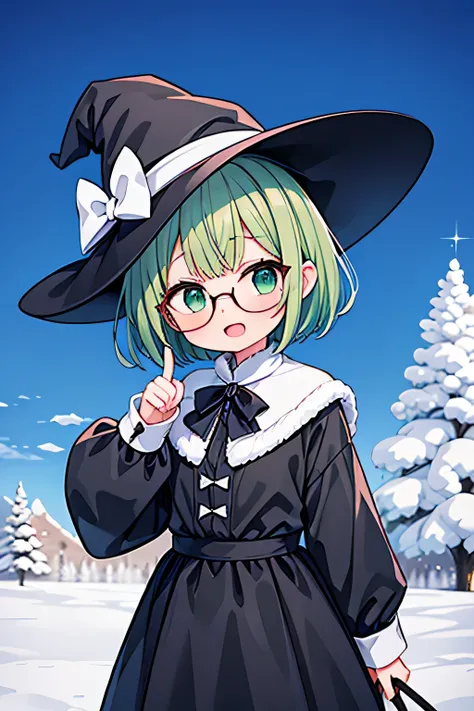  with short green hair, moe, muy lindo, vasos grandes, diente grande, ropa de bruja adulta, sombrero puntiagudo, fondo nieve y hielo, una mano apuntando hacia arriba