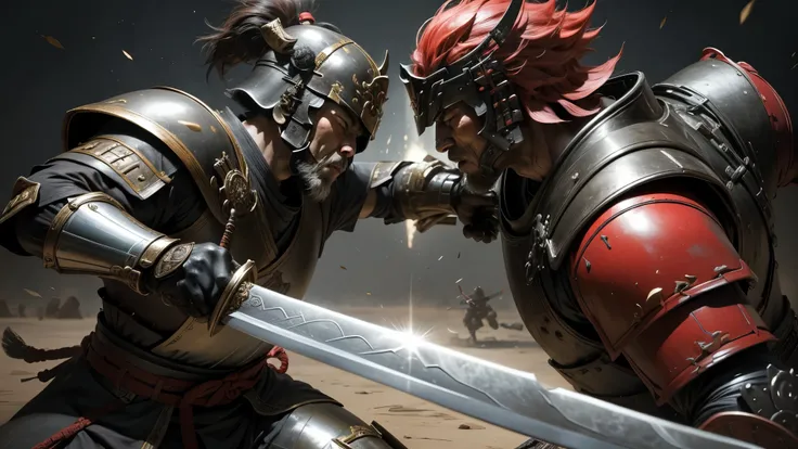 good quality, ultra high resolution，masterpiece, （reality，detail，close up）Ancient China，A general wearing ancient armor，Holding a machete，and a samurai，Fight each other，Swords collide