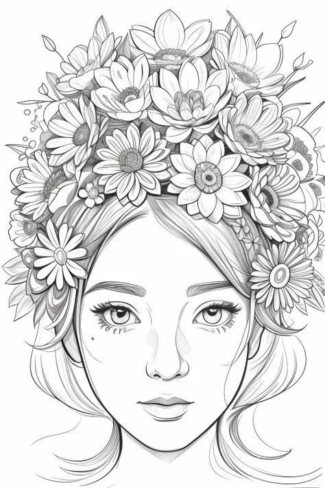 a black and white drawing of a woman with flowers in her hair, clean coloring book page, girl with a flower face, line art colou...