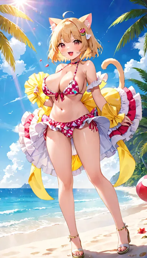 In 8K、highest quality、masterpiece、Super detailed、ultra high resolution、anime style、1 female、white sand beach、Brightly printed ruffle bikini、、Lens flare、(Cat ear)、Bob cut blonde hair、big breasts、、open your mouth and 笑顔、full body shot、I can see the pink nipp...