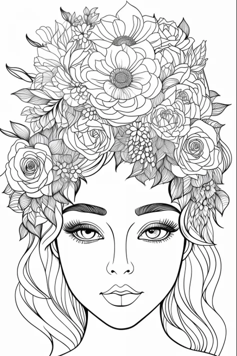 a black and white drawing of a woman with flowers in her hair, clean coloring book page, girl with a flower face, line art colou...