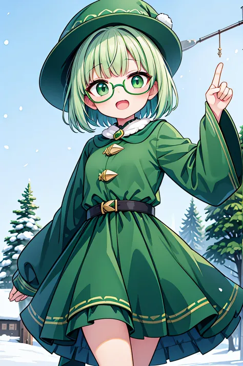  with short green hair, moe, muy lindo, vasos grandes, diente grande, ropa de bruja verde, sombrero puntiagudo, fondo nieve y hielo, una mano apuntando hacia arriba