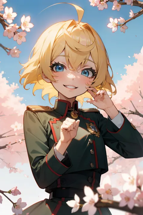 uniform、blonde hair、toothy smile、reach out your hand、Outside、Cherry blossom trees