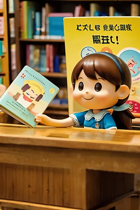 Photoreal、Chibi girl picking up and reading a picture book at a bookstore、smile