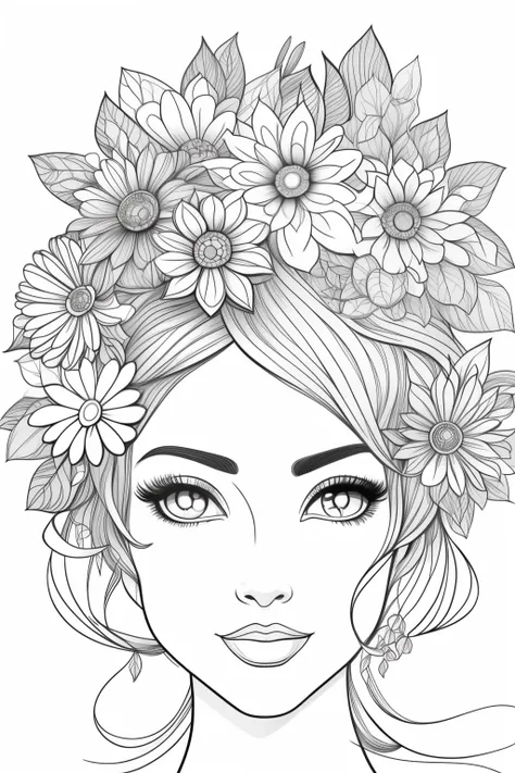 a black and white drawing of a woman with flowers in her hair, clean coloring book page, girl with a flower face, line art colou...