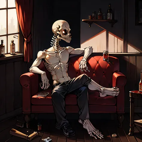 Skeleton Figure, Lazy Posture, Couch Sitting, Dark Eyes, Ketchup Container, Slipper, Drinking, Worn-out Clothing, Idle Leisure, Detailed Skeletal Structure, Dark Sockets, Empty Bottle, Casual Setting, Dimly Lit Room, Old Furniture.

A Skeleton figure lazil...