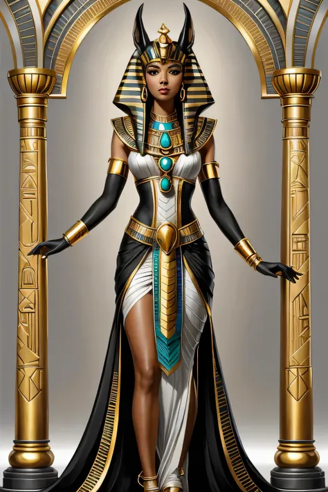 egyptian priestess of anubis wearing black and gold ornamented intricate ornate, imposing, full length, full body, detailed, con...