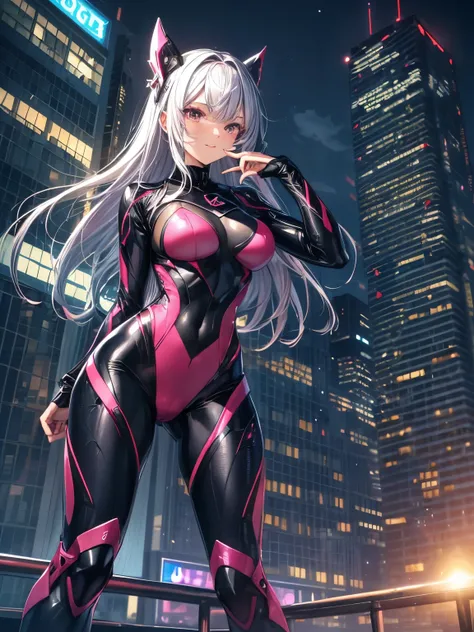 highest quality、All limbs、full finger、Slender beauty、1 female、woman wearing black and pink suit, streamlined pink armor, smooth pink armor, full body suit, cyber suit, matte pink armor, skyscrapers at night、big smile、sexy pose