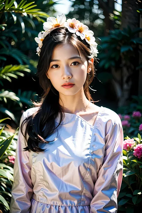 realistic photography, korean beautiful girl , flower garden