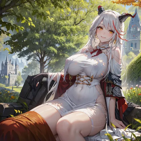 Woman in a white dress with gold details, long silver hair, red bangs, yellow eyes, horns, in the garden of a castle, autumn weather, big breasts, smiling.
