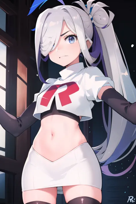 (masterpiece, best quality:1.2), cowboy shot, solo, 1girl, asashimo, sharp teeth, looking at viewer, hair over one eye, ahoge, ponytail, team rocket,team rocket uniform, red letter R, white skirt,white crop top,black thigh-highs,black elbow gloves