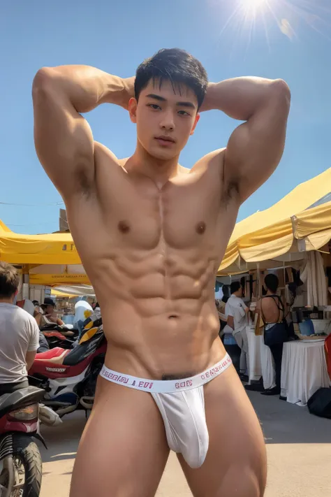 In the charming picture there is a handsome Chinese 17 years old boy with his big bulge, muscular body, background in the sky has big bold sun,  His charm radiated as he proudly showed off his sweaty very hairy armpits in a full standing pose.. He wore a w...