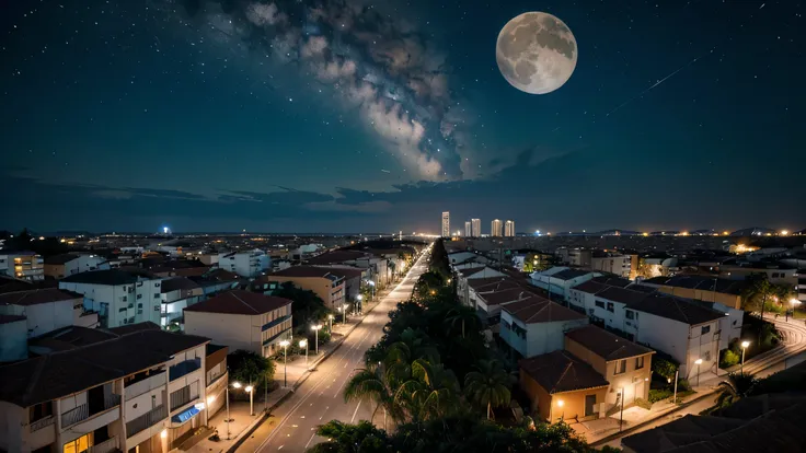  paisagem urbana com varios predios a noite com a lua de fundo com o fundo aproximado