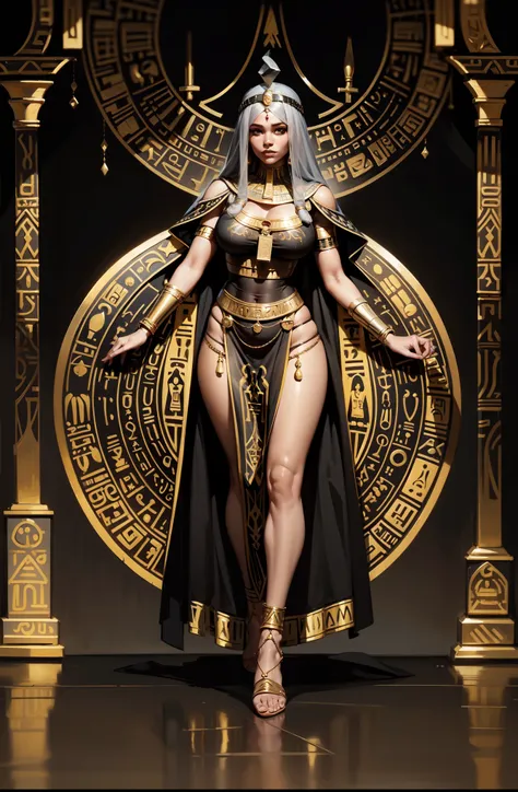 a young black woman, with afro hair, who wears veils and jewelry from ancient Egypt, with a perfect body, large breasts. She is wearing clothes typical of the time of the pharaohs. The design is in a general plan, with the background being ancient Egypt, w...