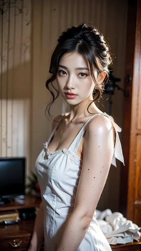 realistic photography, korean beautiful girl , living room backdrop