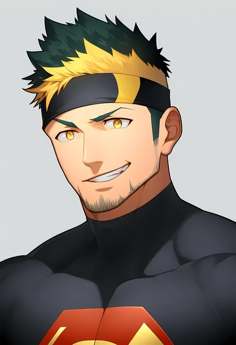 anime characters：Guy, Priapus, 1个年轻的muscular man, male focus, Sporty black headband, Black Turtleneck Superman Tight T-Shirt, superman logo, muscular man, extra large breasts, only, Upper body, alone, short yellow hair, stubble, yellow eyes, blink, White b...