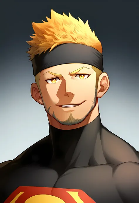 anime characters：Guy, Priapus, 1个年轻的muscular man, male focus, Sporty black headband, Black Turtleneck Superman Tight T-Shirt, superman logo, muscular man, extra large breasts, only, Upper body, alone, short yellow hair, stubble, yellow eyes, blink, White b...