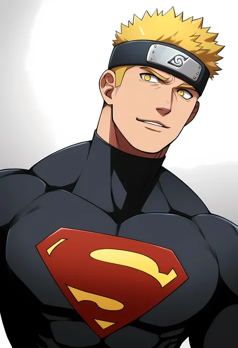 anime characters：Naruto, asthma, 1个年轻的muscular man, male focus, Sporty black headband, Black Turtleneck Superman Tight T-Shirt, superman logo, muscular man, extra large breasts, only, Upper body, alone, short yellow hair, stubble, yellow eyes, blink, White...