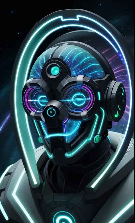 bioluminic [sh4g0d:0.6], helix portal, portrait, [fluorescent hair:0.7], galactic cybernetic mask