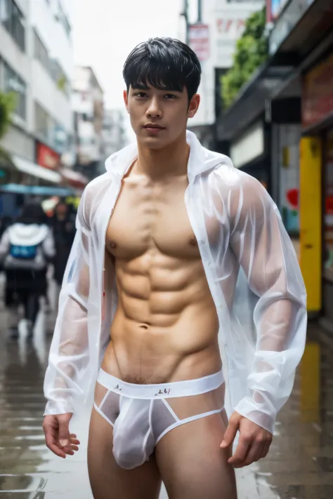 Handsome Asian boy, 17 years old boy , handsome Korean face, neat muscular, transparent raincoat, white micro thong with big bulge, showing abs, rainy day, very wet body, very hairy armpits, on the bussy street