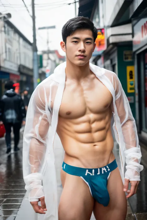 Handsome Asian boy, 17 years old boy , handsome Korean face, neat muscular, transparent raincoat, white micro thong with big bulge, showing abs, rainy day, very wet body, very hairy armpits, on the bussy street