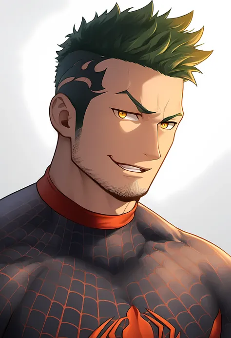 anime characters：Priapus in Spider-Man tights, black sports headband, 1个年轻的muscular man, male focus, buzz clip, White Spider-Man tights, Spider-Man logo, muscular man, extra large breasts, only, Upper body, alone, short yellow hair, stubble, yellow eyes, b...