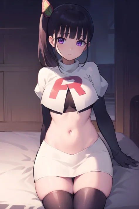 kanaotsuyuri, kanao tsuyuri, black hair, butterfly, butterfly hair ornament, (purple eyes:1.1), side ponytail, ponytail, 
BREAK team rocket,team rocket uniform, red letter R, white skirt,white crop top,black thigh-highs,black elbow gloves
BREAK looking at ...