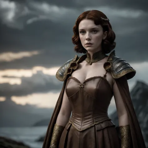 Masterpiece, Millie Bobby Brown as a House Baratheon character from Game of Throneorena Baccarin:Christina Hendricks:0.5), noble and regal, intricate, high detail face, detailed skin, red Targaryen-inspired hair, curled and styled, ( costume with high neck...