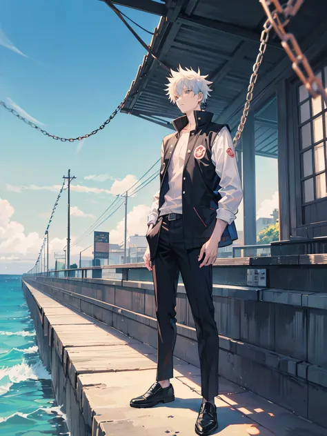 Ryomen Sukuna /(Jujutsu Kaisen)/, standing on a bridge in front of the sea, sozinho, vasto oceano ((melhor qualidade)), holding a chain of another in one hand