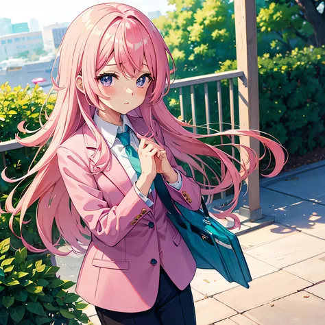 Anime girl with pink hair in green suit and blue tie, pink eyes, shy blush