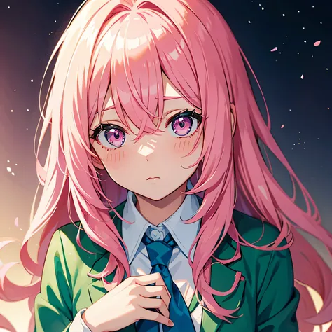 Anime girl with pink hair in green suit and blue tie, pink eyes, shy blush