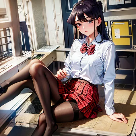 komiShouko, masterpiece, best quality, absurdres, 1girl, looking at viewer, v arms, pantyhose, classroom, school uniform, red skirt, red bow, blazer, window, sitting, chair, crowd,crossing legs