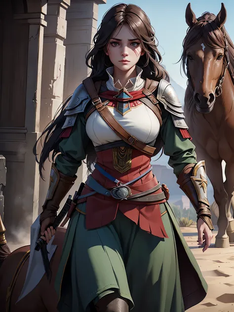 Portrait of a female warrior standing in front of a horse, Assassin&#39;s Creed Games, Photorealistic, post-apocalyptic