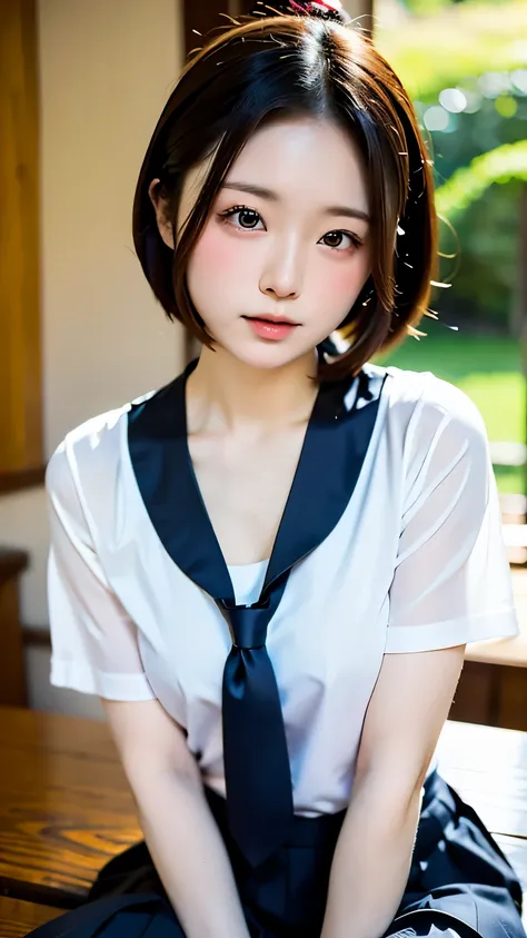 (table top, highest quality:1.2), 8k, 14 years old, 85mm, official art, raw photo, absurd, white dress shirt, cute face, close, ...